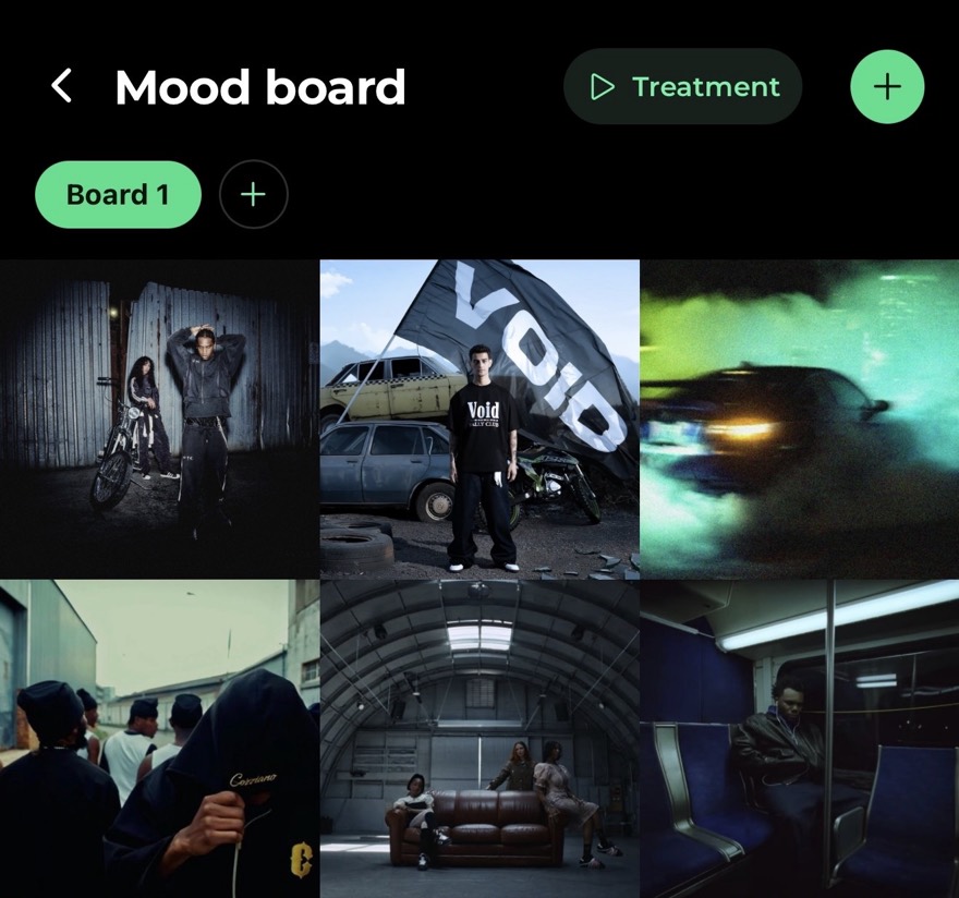 Cinefolder mood board on a phone — six reference stills on Board 1, with a Treatment button in the header
